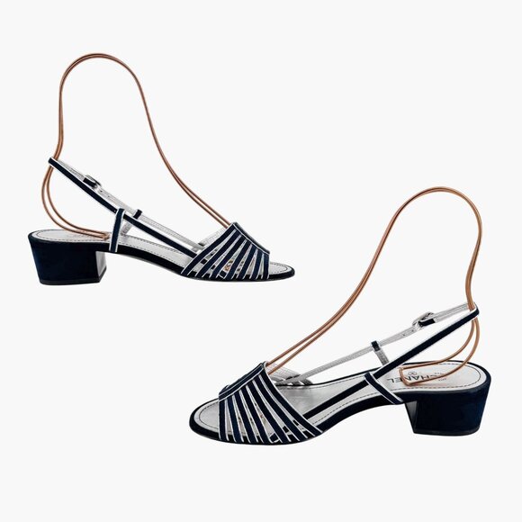 Chanel CC Strappy Slingback Sandals Block Heel Navy Blue Silver Size 37 US 6-6.5 - Picture 10 of 15